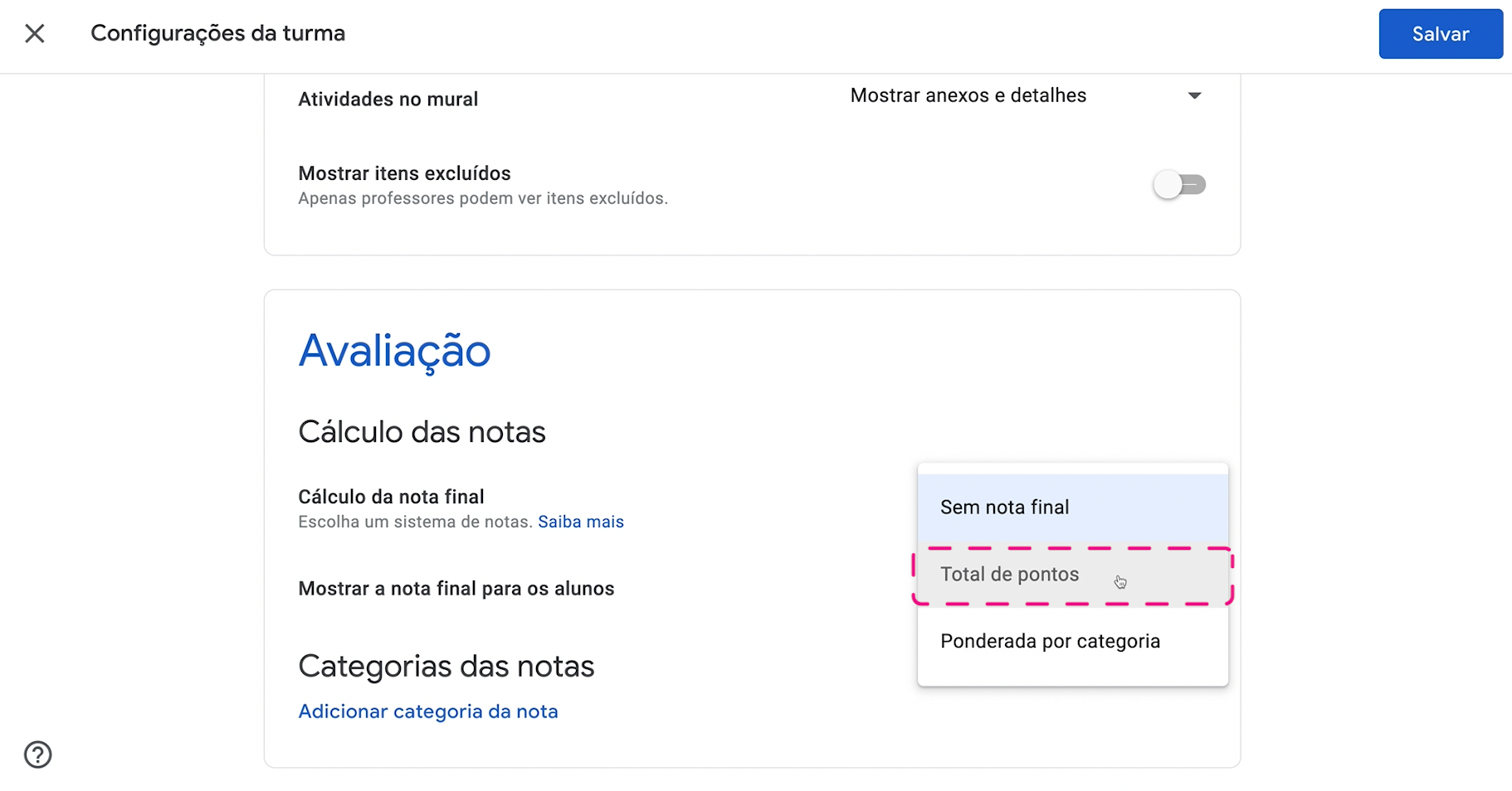 como configurar um sistema de avaliações no Google Sala de Aula 5